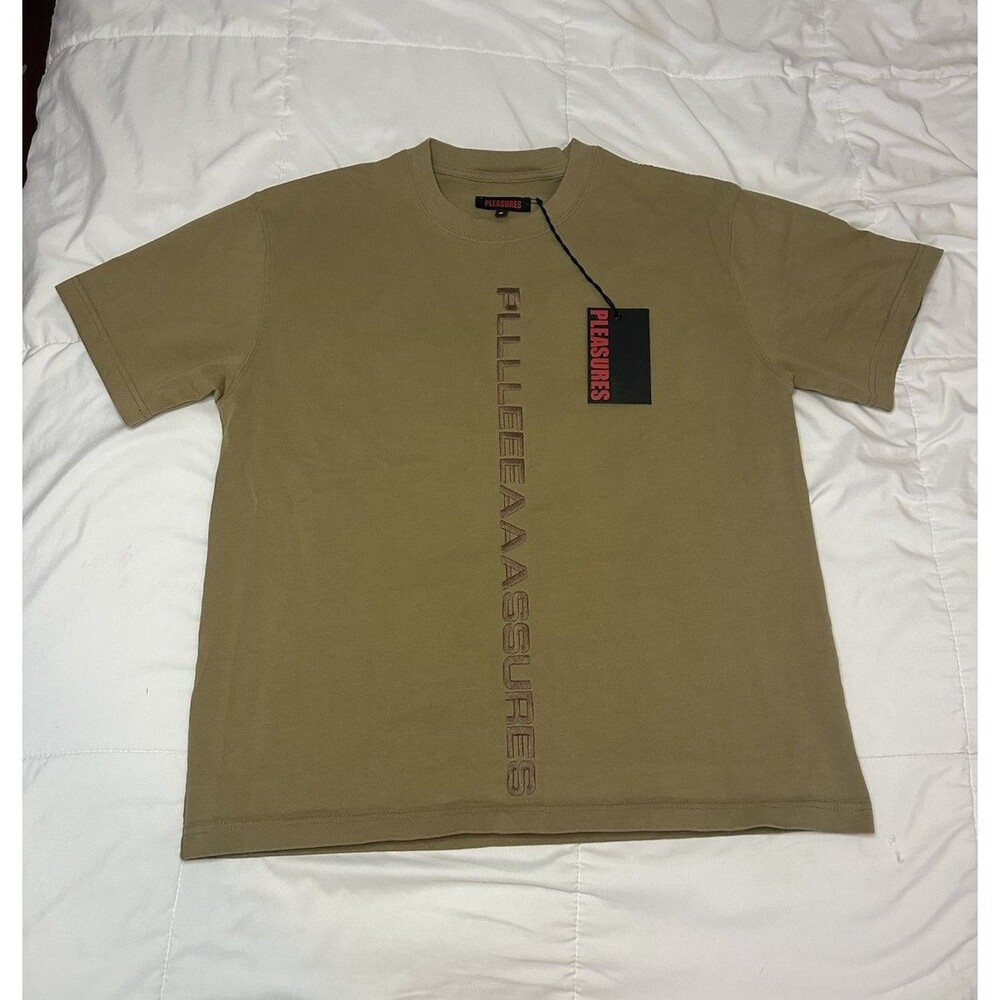 NWT PLEASURES Drag Heavyweight T Shirt Khaki Green Spellout Embroidered Sz M Men